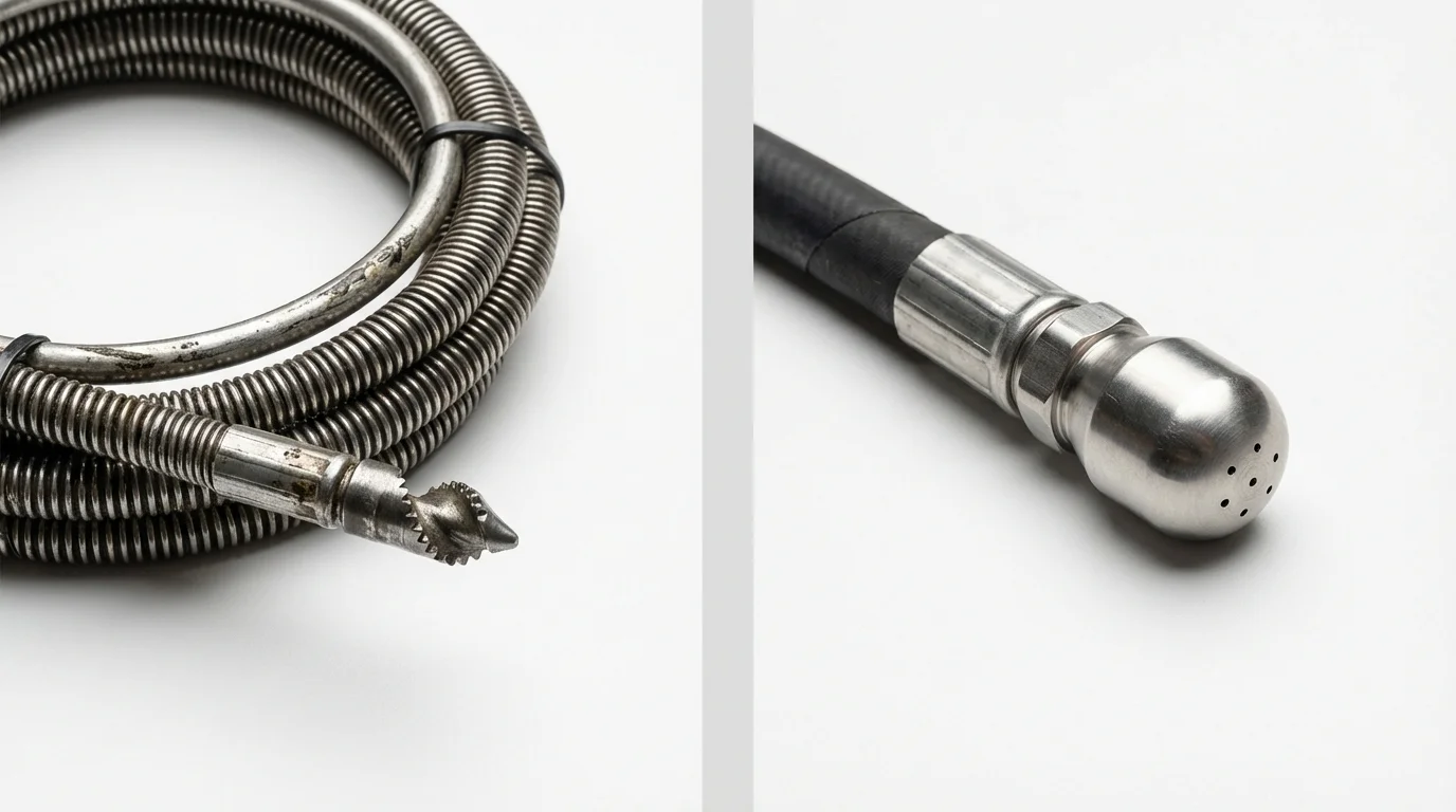 Drain snake cable and hydro jetting nozzle used for drain cleaning in Centerville, IN