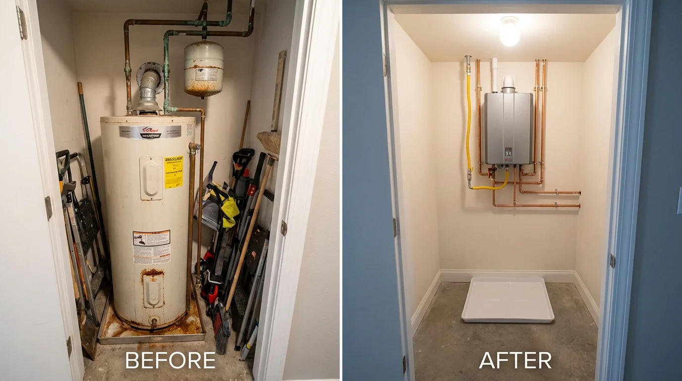 Tank water heater versus wall-mounted tankless unit comparison for Centerville, IN homeowners