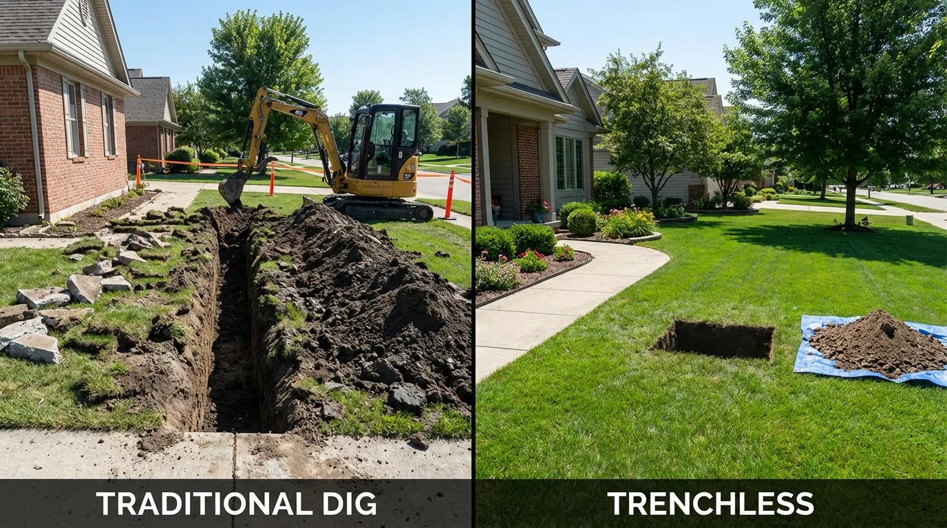 Trenchless sewer repair with minimal yard damage versus traditional excavation in Centerville, IN